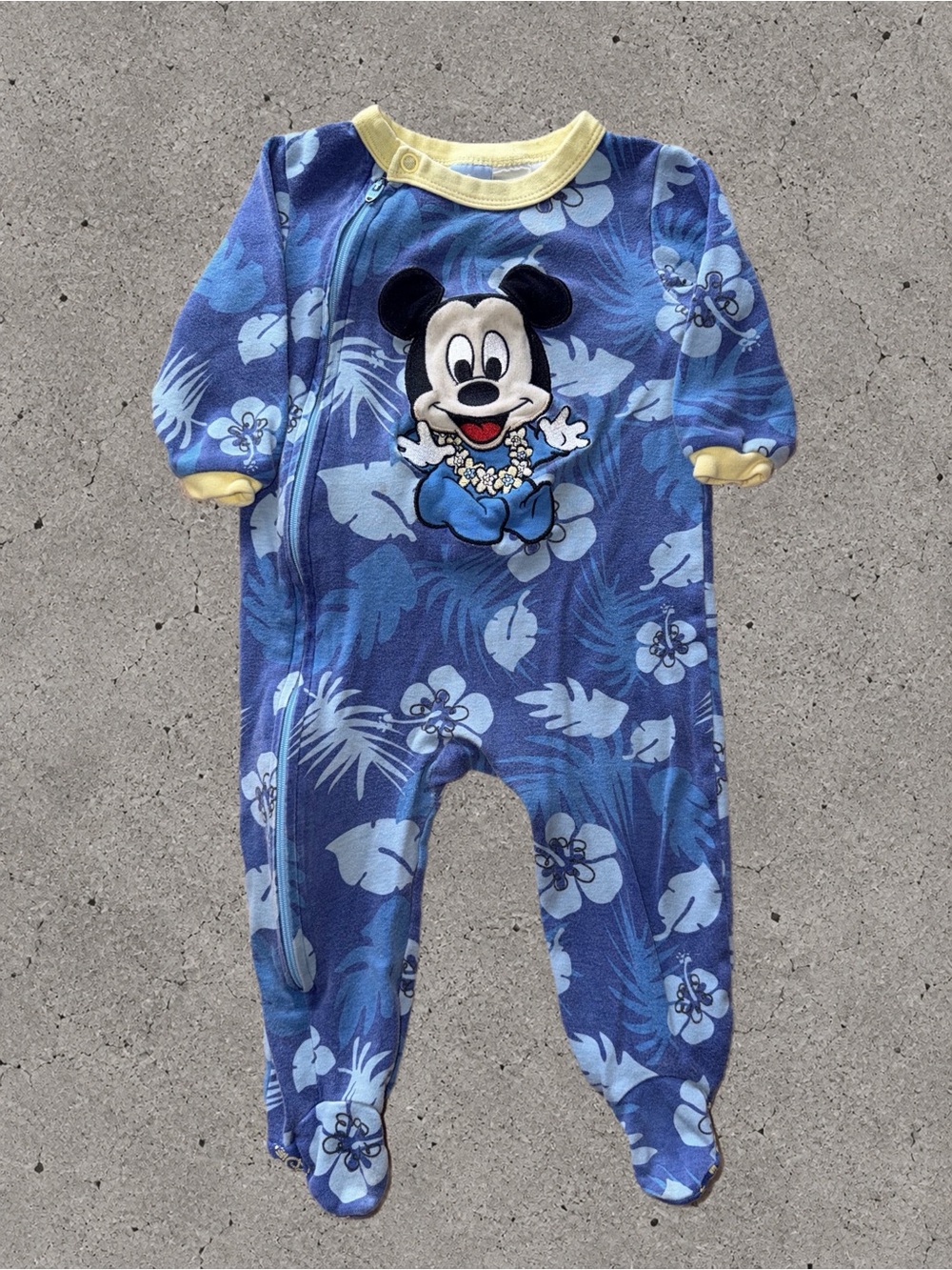 Y2K Disney Baby Mickey Mouse Hawaiian Sleeper 12M | Blue Floral Footed Pajamas